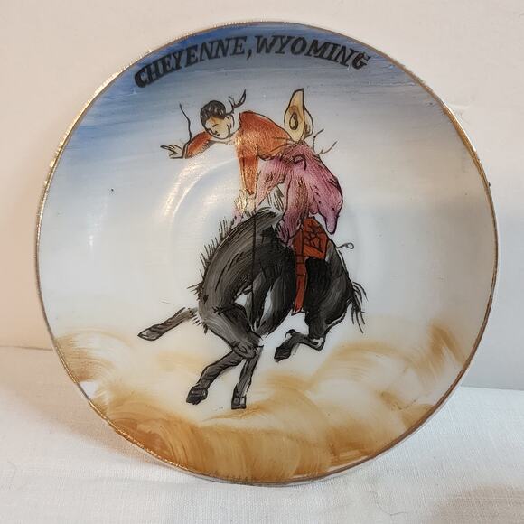 Vintage Cheyenne Wyoming Souvenir Cup & Saucer Japan Cowboy Rodeo - Picture 1 of 9